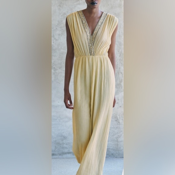 Zara Dresses & Skirts - Zara Yellow contrast beaded Embroidery aplique Maxi Flowy Dress - NWT - Size XS